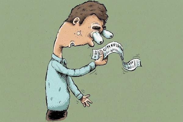 A cartoon man with bulging eyes peering in alarm at a long printed receipt held in his hands