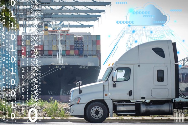 A white freight truck in front of a container ship and port cranes, overlaid with columns of binary digits and a glowing cloud icon