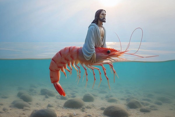 A bearded, long-haired figure in pale robes sitting on a giant pink shrimp that is half-submerged in calm turquoise water