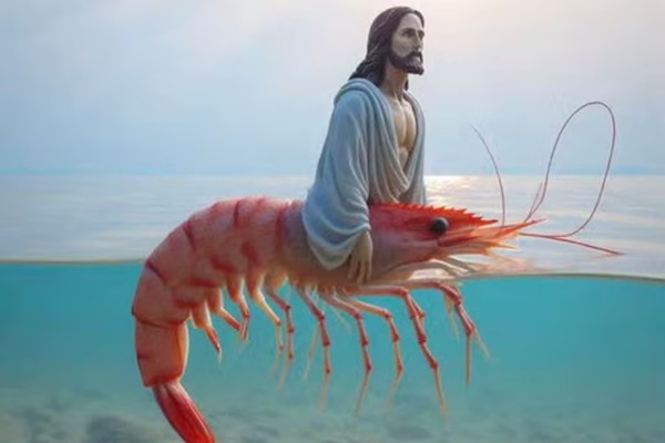 A bearded, long-haired figure in pale robes sitting on a giant pink shrimp that is half-submerged in calm turquoise water